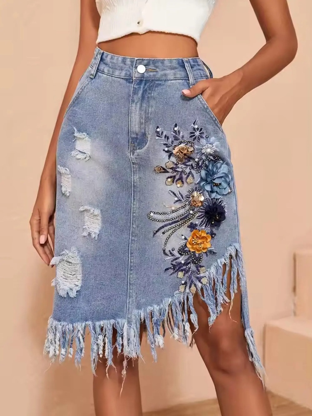 NWT Blue Denim Floral Embroidered Fringe Midi Skirt 3 E1